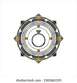 diamond ring icon inside arabic style emblem. Arabesque decoration.
