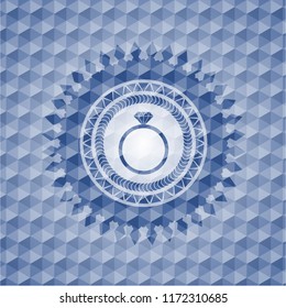 diamond ring icon inside blue emblem with geometric pattern background.