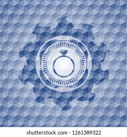 diamond ring icon inside blue badge with geometric pattern.