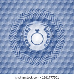 diamond ring icon inside blue emblem or badge with geometric pattern background.