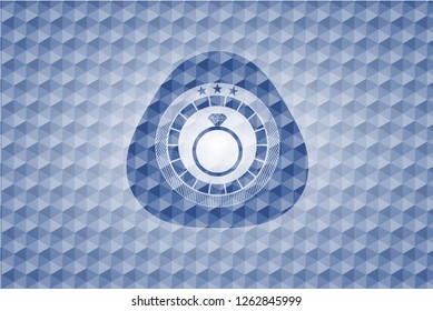 diamond ring icon inside blue hexagon emblem.