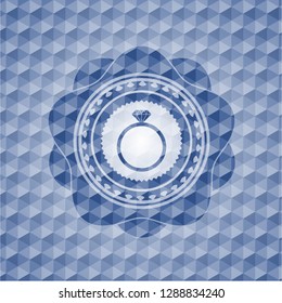 diamond ring icon inside blue polygonal emblem.