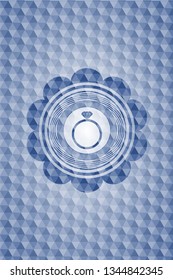 diamond ring icon inside blue badge with geometric pattern background.