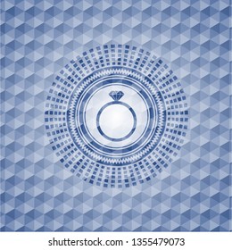 diamond ring icon inside blue hexagon emblem.
