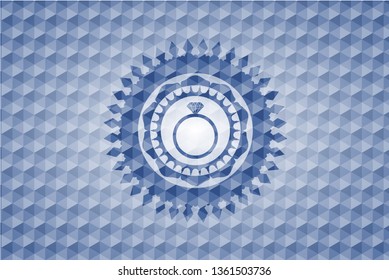 diamond ring icon inside blue emblem badge and abstract geometric polygonal pattern background 