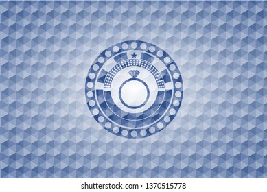 diamond ring icon inside blue emblem with geometric pattern background.