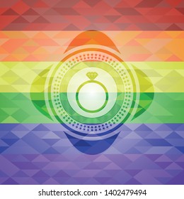 diamond ring icon inside emblem on mosaic background with the colors of the LGBT flag