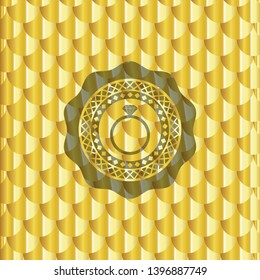 diamond ring icon inside golden badge or emblem. Scales pattern. Vector Illustration. Detailed.