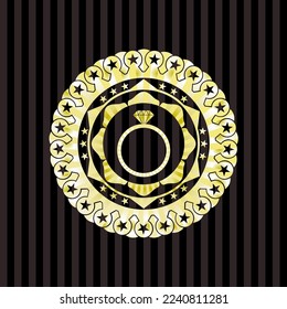 diamond ring icon inside golden emblem. 