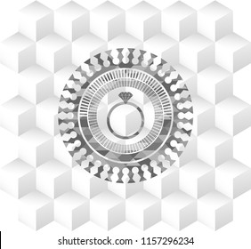 diamond ring icon inside grey emblem. Vintage with geometric cube white background