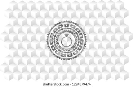 diamond ring icon inside grey badge with geometric cube white background