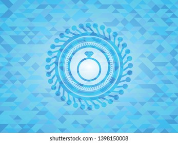 diamond ring icon inside light blue emblem. Mosaic background