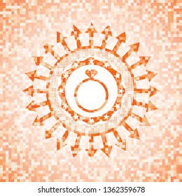 diamond ring icon inside orange tile background illustration. Square geometric mosaic seamless pattern with emblem inside.