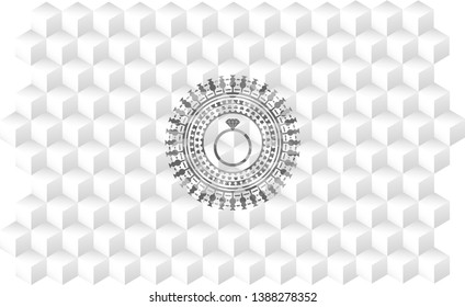 diamond ring icon inside realistic grey emblem with geometric cube white background