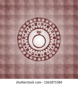 diamond ring icon inside red emblem with geometric pattern. Seamless.