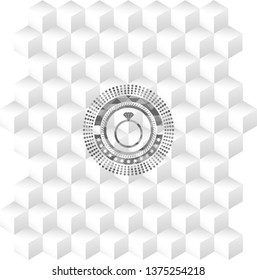 diamond ring icon inside retro style grey emblem with geometric cube white background