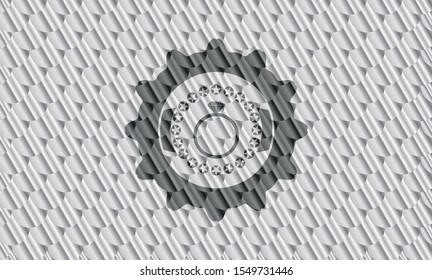 diamond ring icon inside shiny silver badge. Scales pattern. Vector Illustration. Detailed.