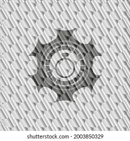 diamond ring icon inside silver shiny emblem. Scales pattern. Vector Illustration. Detailed. 