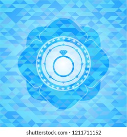 diamond ring icon inside sky blue emblem with triangle mosaic background