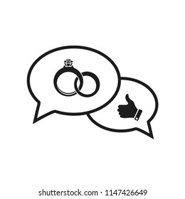 diamond ring icon and like symbol or thumb up icon in side bubble speech icon 