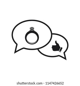 diamond ring icon and like symbol or thumb up icon in side bubble speech icon 