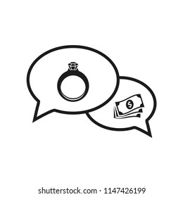 diamond ring icon and money icon inside bubble speech vector icon 