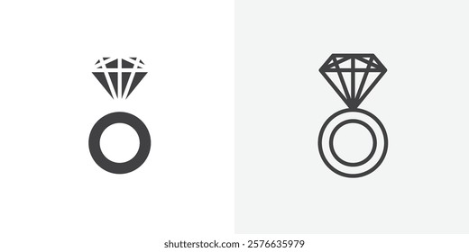 Diamond ring icon set in black flat solid and outlined style.