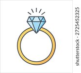 Diamond ring icon, sparkling stone, simple gold band, minimalist vector art