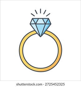Ícone de anel de diamante, pedra cintilante, banda de ouro simples, arte vetorial minimalista