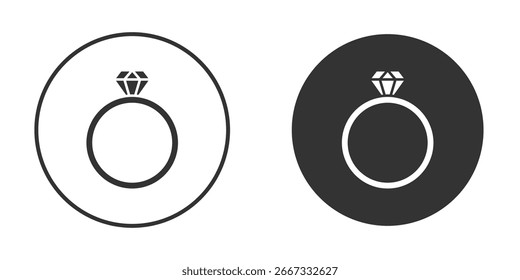 Ícone de anel de diamante em versões planas de design na moda em preto e branco.