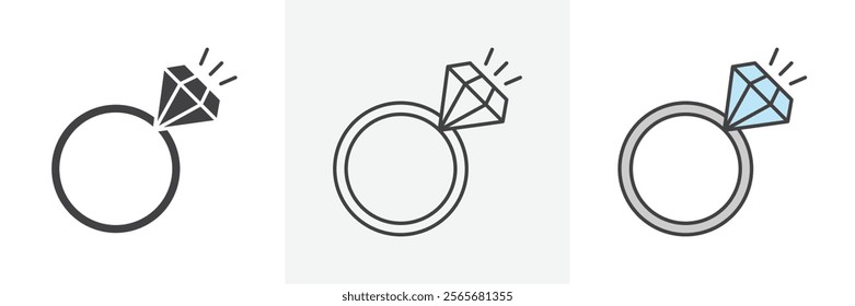 Diamond ring icons in black and colored versions