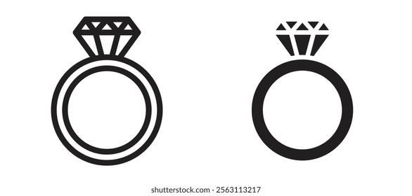 Diamond ring icons in black line and filled versions