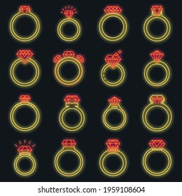 Diamond ring icons set. Outline set of diamond ring vector icons neon color on black