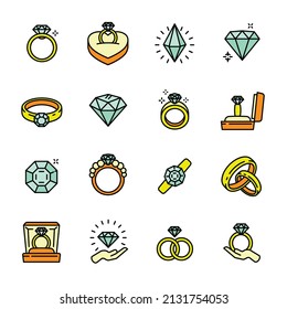 Los iconos de los anillos de diamantes establecen el vector de contorno. Mujer novia. Propuesta de anillo