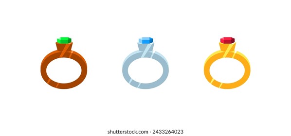 Diamond ring icons. Set of wedding rings. Flat style. Vector icons