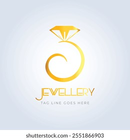 Diamond ring, jewellery logo, jewellery shop logo, golden color, unique shape, sparkle diamond, unique logo, creative logo, silver background