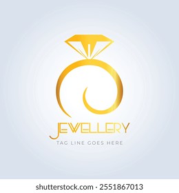 Diamond ring, jewellery logo, jewellery shop logo, golden color, unique shape, sparkle diamond, unique logo, creative logo,  silver background