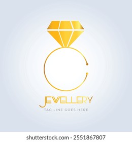 Diamond ring, jewellery logo, jewellery shop logo, golden color, unique shape, sparkle diamond, unique logo, creative logo, silver background