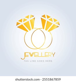 Diamond ring, jewellery logo, jewellery shop logo, golden color, unique shape, sparkle diamond, unique logo, creative logo, silver background