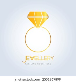 Diamond ring, jewellery logo, jewellery shop logo, golden color, unique shape, sparkle diamond, unique logo, creative logo, silver background