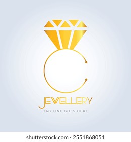 Diamond ring, jewellery logo, jewellery shop logo, golden color, unique shape, sparkle diamond, unique logo, creative logo, silver background