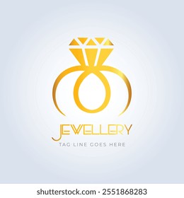 Diamond ring, jewellery logo, jewellery shop logo, golden color, unique shape, sparkle diamond, unique logo, creative logo, silver background