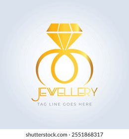 Diamond ring, jewellery logo, jewellery shop logo, golden color, unique shape, sparkle diamond, unique logo, creative logo, silver background