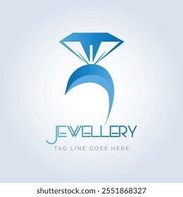 Diamond ring, jewellery logo, jewellery shop logo, blue color, unique shape, sparkle diamond, unique logo, creative logo, silver background