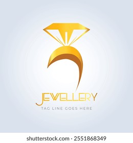 Diamond ring, jewellery logo, jewellery shop logo, golden color, unique shape, sparkle diamond, unique logo, creative logo, silver background