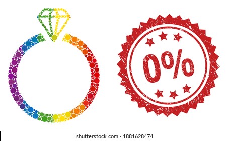 Diamantring-Mosaiksymbol von Kreiselementen in unterschiedlichen Größen und LGBT-farbigen Farbtönen, und 0 Prozent strukturierter Rosette-Siegel. ein gepunkteter LGBT-farbiger Diamantring für Lesbian, Schwule, Transgender,