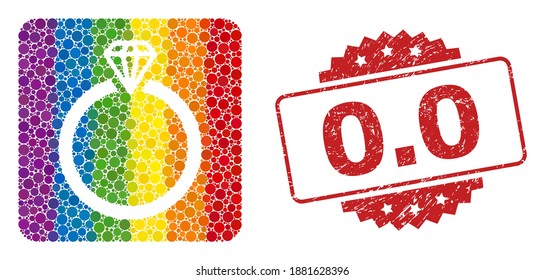 Diamantringmosaik mit runden Punkten in verschiedenen Größen und Regenbogenfarben, und 0,0 ungeschliffener Rosette-Stempel. ein gepunkteter LGBT-farbiger Diamantring für Lesbian, Schwule, Transgender,