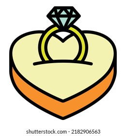 Diamond ring on heart icon outline vector. Gold bride. Woman circle