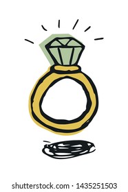Diamond ring painted by hand. Color vector illustration isolated on white background.