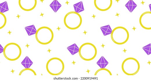Diamond ring pattern. Fashion engagement. Circle gold gift. Luxury corporate jewellery. Cartoon background. Expensive brilliant gemstone. Precious amethyst. Vector seamless texture